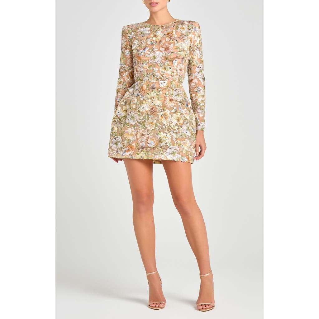 NADINE MERABI Bethany Beaded Floral Embroidery Long Sleeve Cocktail Minidress in Green  product