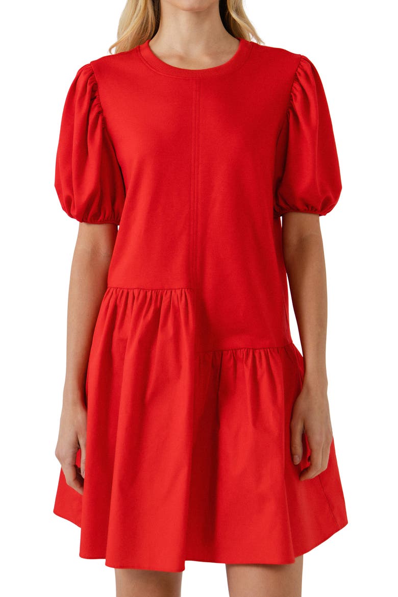 Puff Shoulder Mixed Media Minidress, Alternate, color, RED