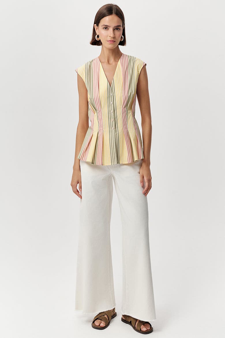 Biana V Neck Sleeveless Pleated Waist Shirt, Alternate, color, Multi Color