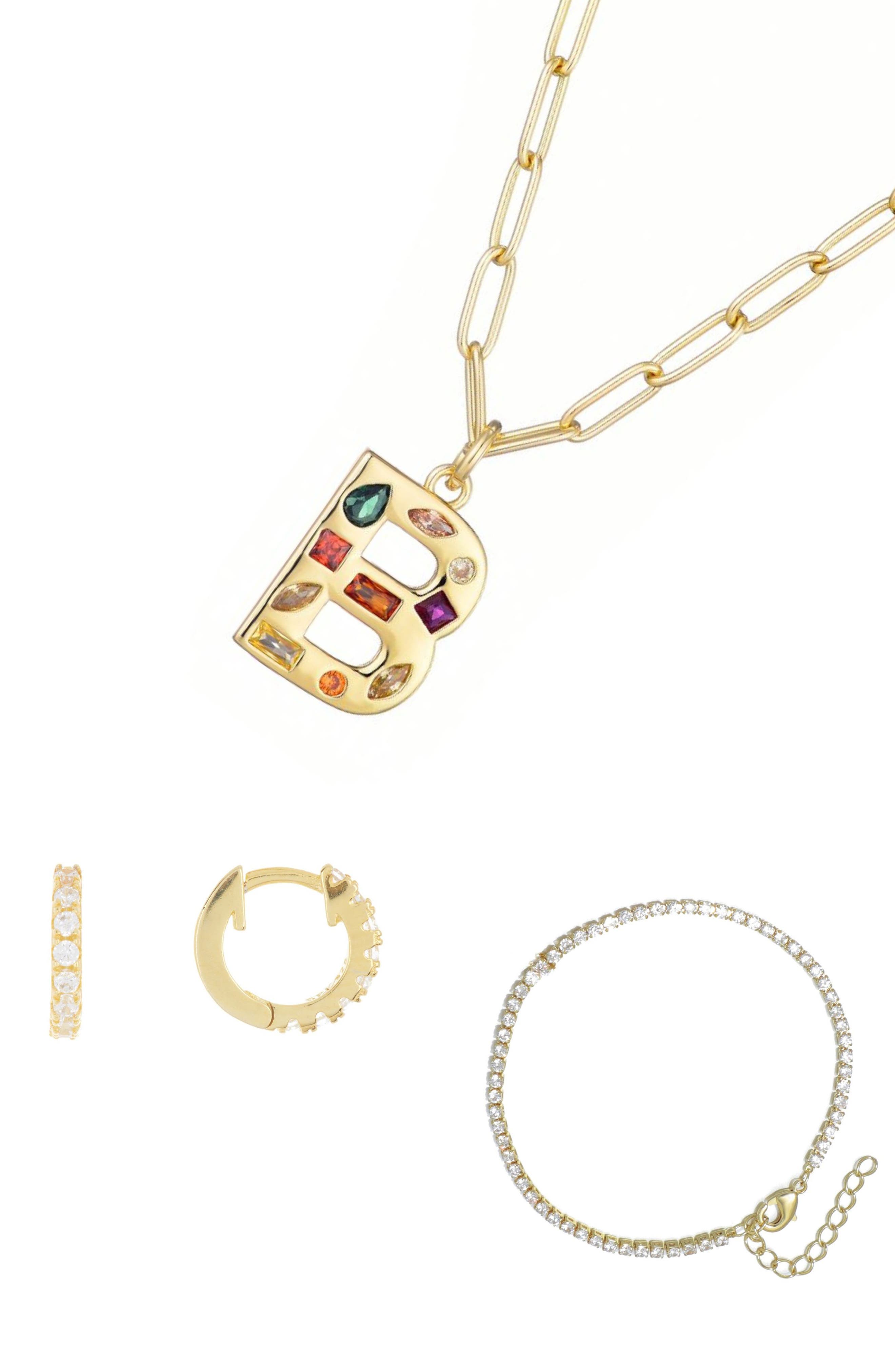 3-Piece Initial Necklace, Earrings & Bracelet Set