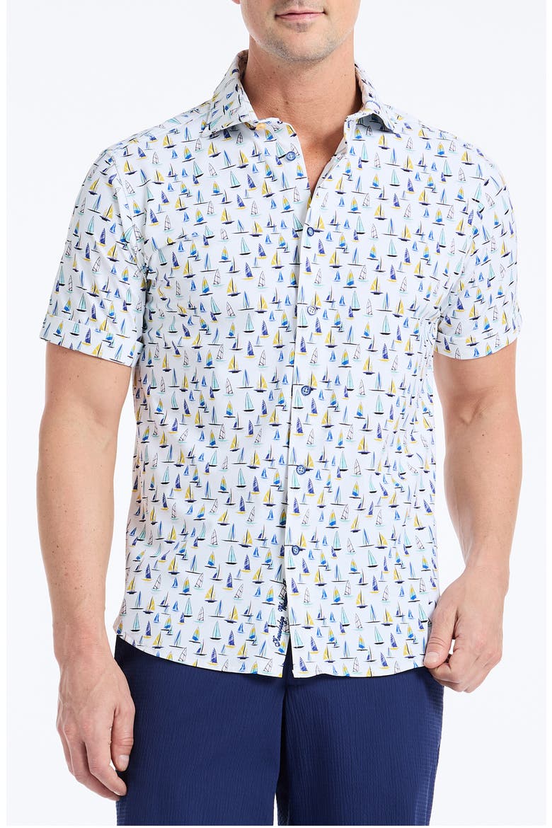 Transpacific Knit Short Sleeve Button-Up Shirt, Main, color, WHITE