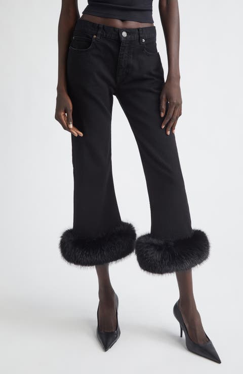 Faux Fur Trim Crop Flare Jeans (Pitch Black)