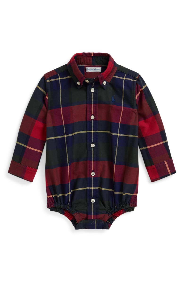 Ralph Lauren Classic Plaid Cotton Oxford Bodysuit, Main, color, Red/ Blue Multi