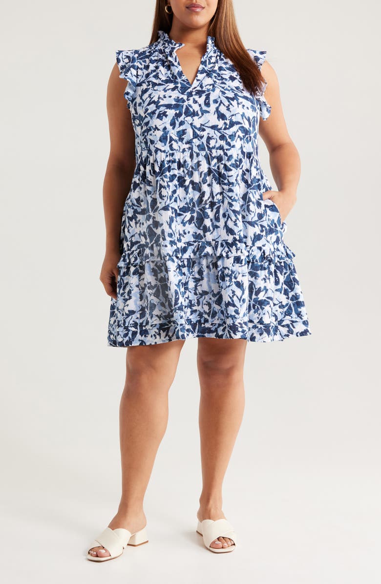 Caslon<sup>®</sup> Floral Ruffle Gauze Dress, Main, color, Navy S- White Brushed Blooms