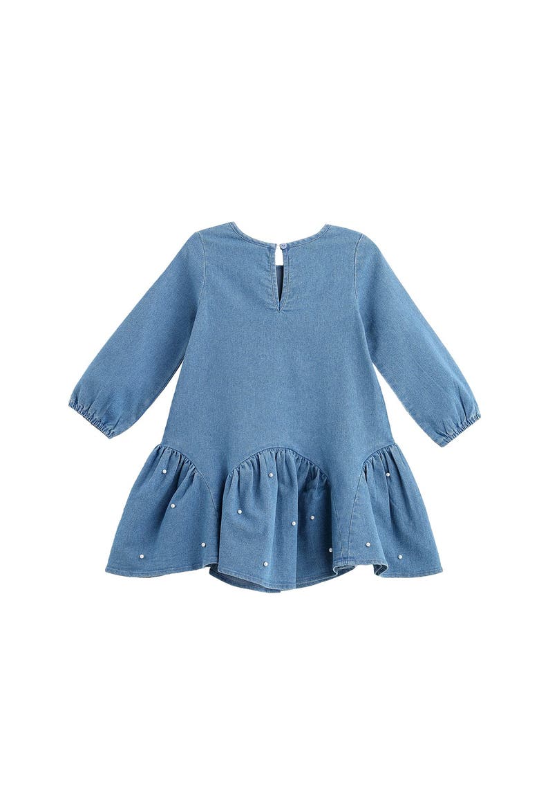 Denim Doll Long Sleeve Solid Pearl Embellished Dropwaist Dress, Alternate, color, Blue