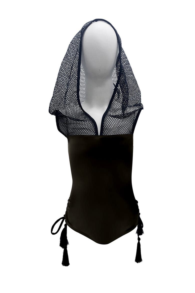 Sport Mesh Hooded with Tassel Side-Ties One-Piece Swimsuit, Toddler, Little Kid & Big Kid, Main, color, Black