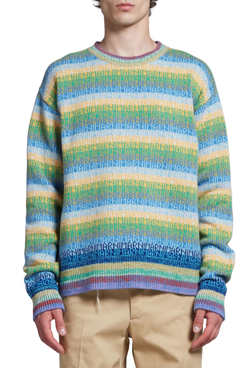 Logo Stripe Crewneck Virgin Wool Sweater, Main, color, LAKE