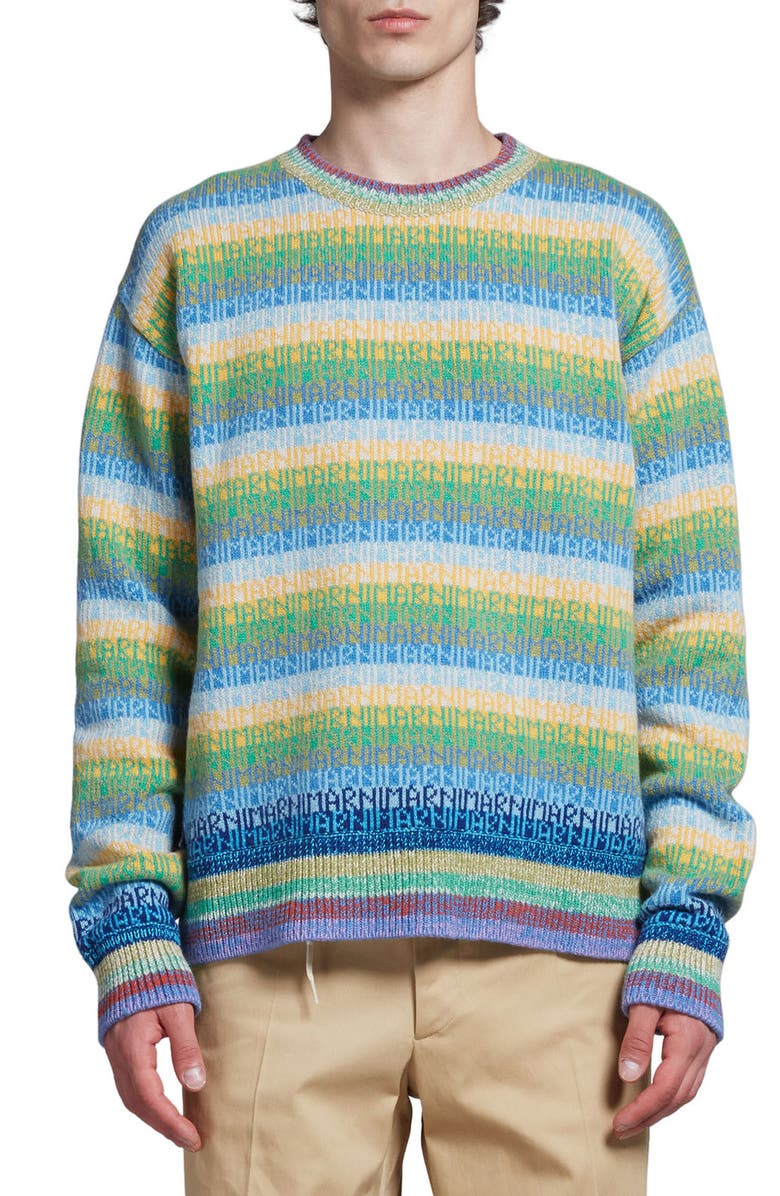 Marni Logo Stripe Crewneck Virgin Wool Sweater, Main, color, 