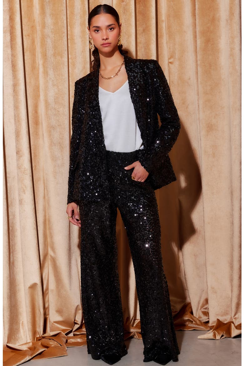 Lynette Wide Leg Sequin Pants, Alternate, color, BLACK