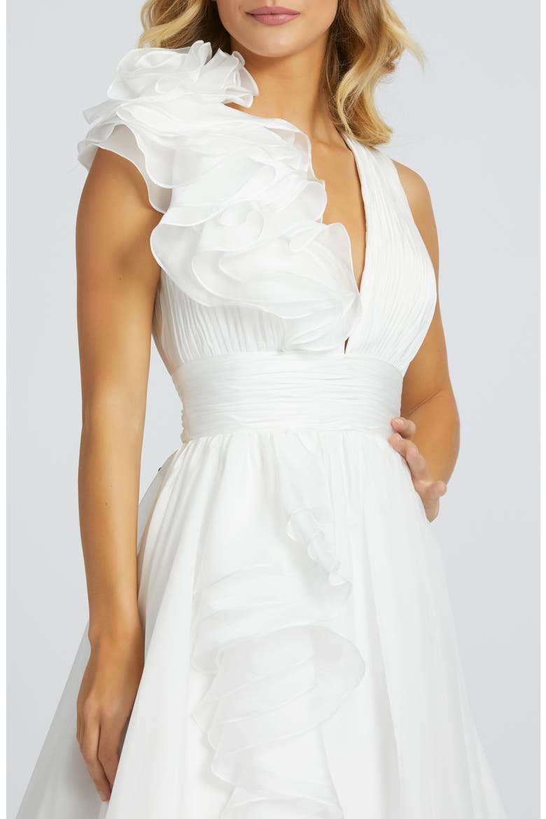 Ruffle Shoulder V-Neck Chiffon Gown, Alternate, color, WHITE