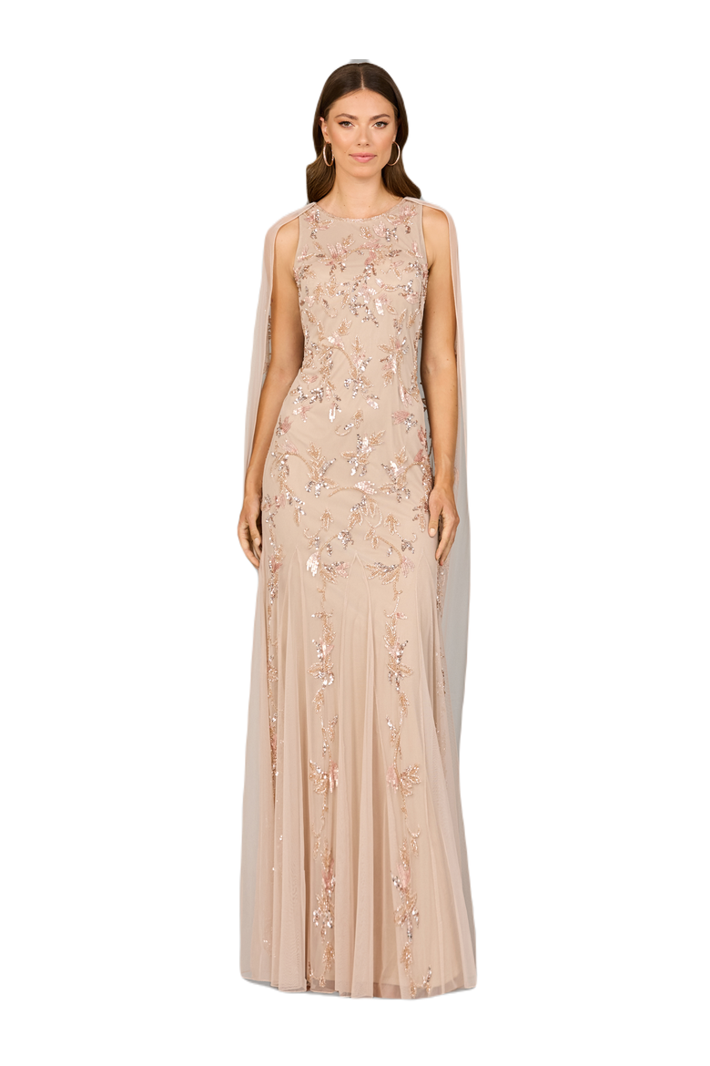 Mermaid Beaded Dress with Long Cape, Main, color, Nude