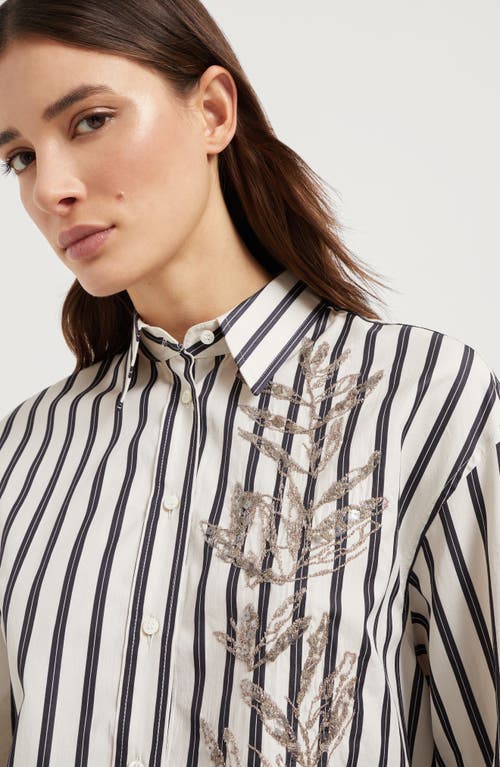 Brunello Cucinelli White Shirt With Floral Embroidery On The Front And All-over Striped Motif In Black