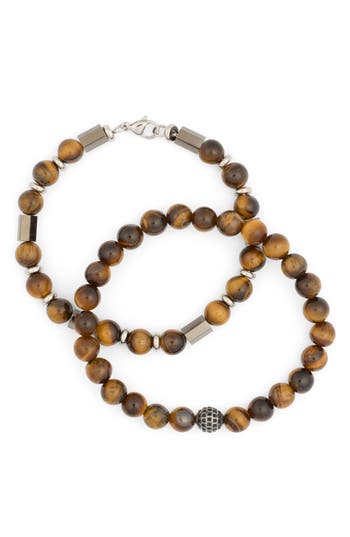 American Exchange Set Of 2 Stone Beaded Bracelets In Silver/brown