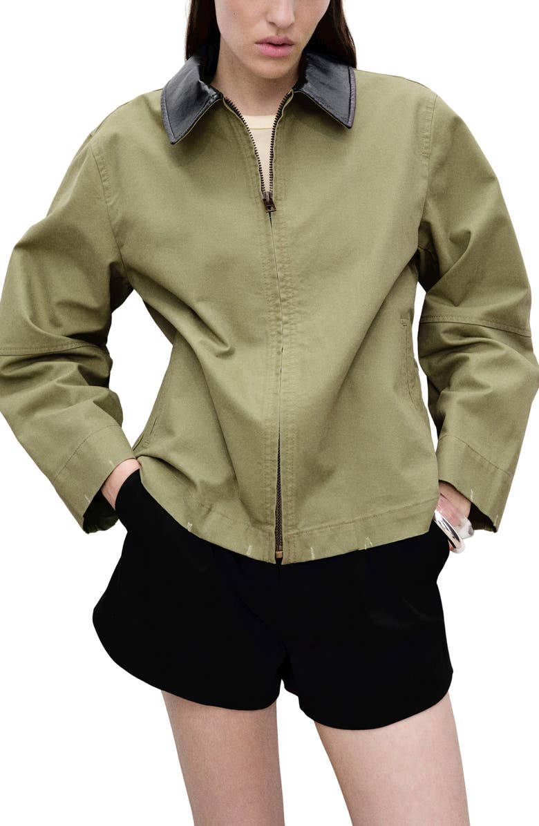 MANGO Cotton Jacket with Faux Leather Collar, Main, color, 