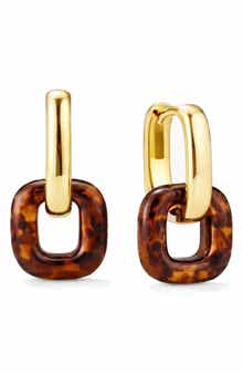 Square Tortoiseshell Lucite Drop Hoop Earrings