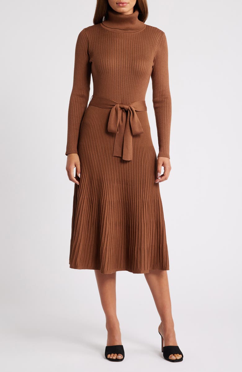 Julia Jordan Turtleneck Long Sleeve Rib Midi Sweater Dress, Main, color, Caramel