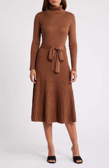 Julia Jordan Turtleneck Long Sleeve Rib Midi Sweater Dress in Caramel at Nordstrom Size Large