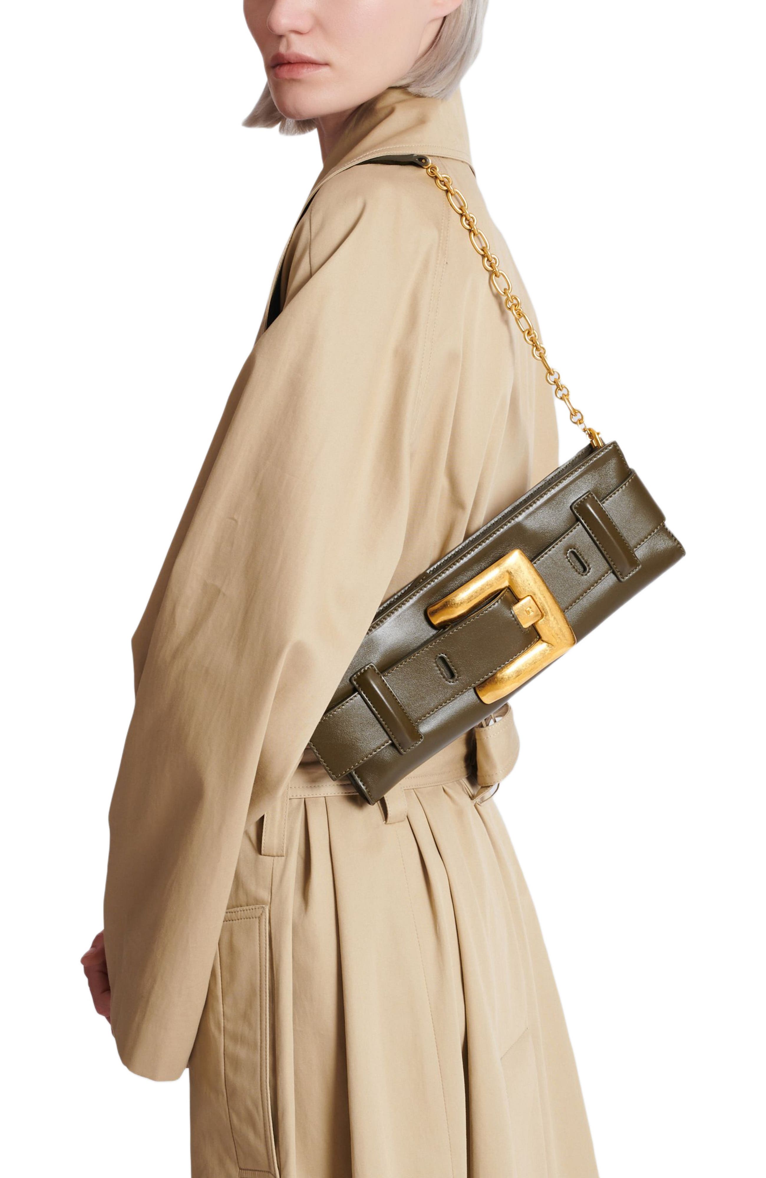 Balmain Anthem calfskin leather clutch, Alternate, color, Khaki