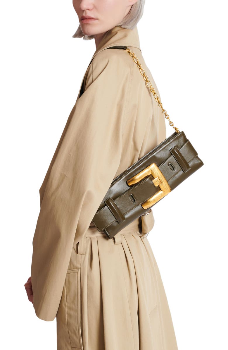 Balmain Anthem calfskin leather clutch, Alternate, color, Khaki