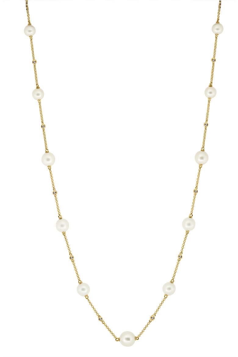 14K Yellow Gold Diamond & Freshwater Pearl Station Necklace, Main, color, 14K Gold