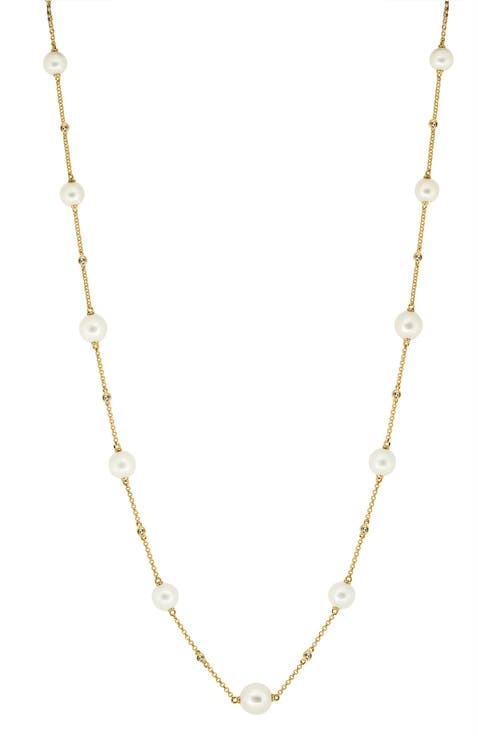 14K Yellow Gold Diamond & Freshwater Pearl Station Necklace