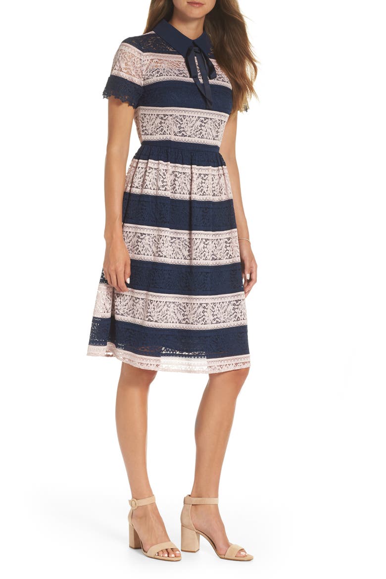 Stripe Lace Fit & Flare Dress, Main, color, NAVY STRIPE