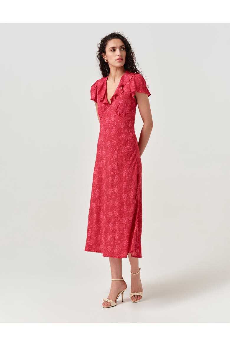 Kimmy Floral Frill Neck Crepe Midi Dress, Alternate, color, Pink Dotty Floral
