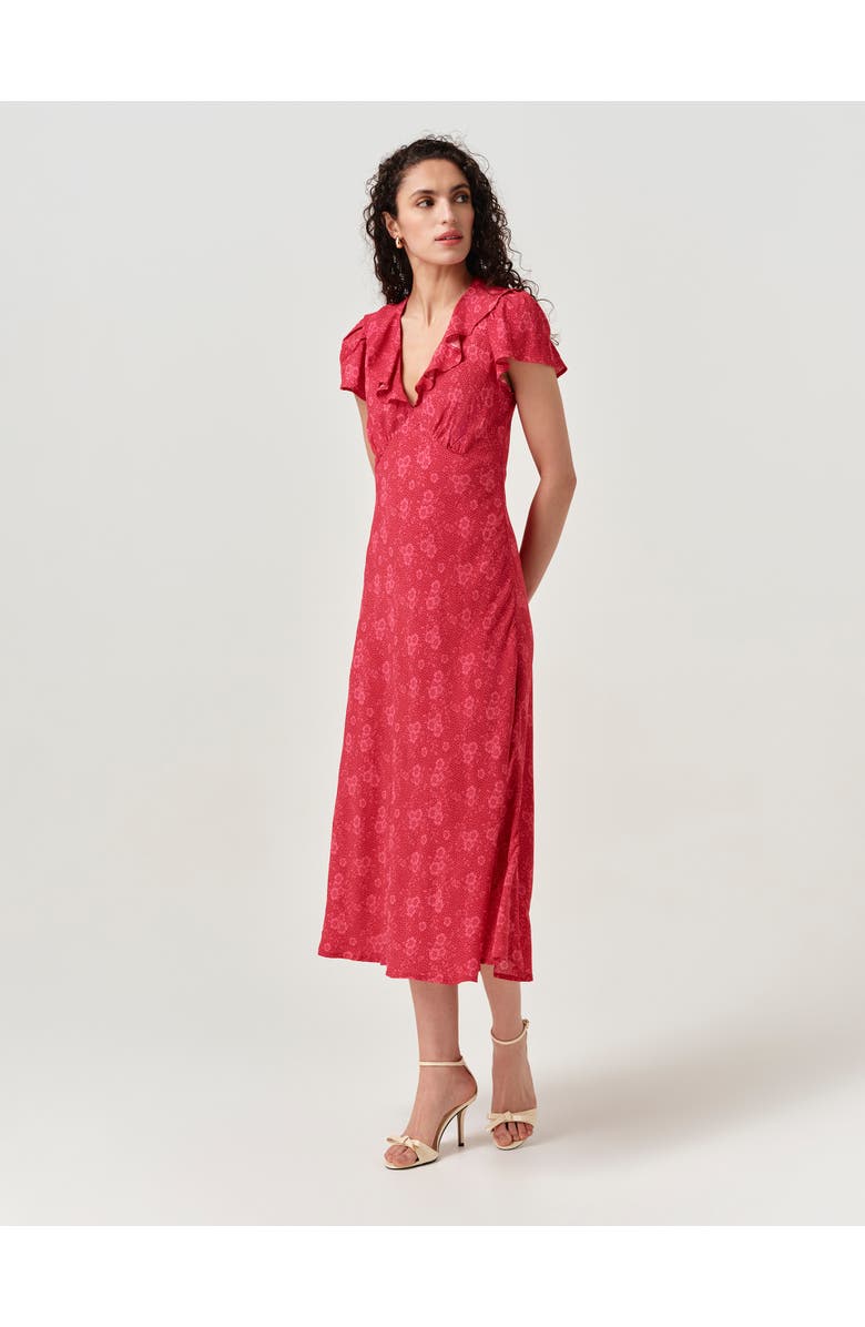 Ghost London Kimmy Floral Frill Neck Crepe Midi Dress, Alternate, color, 