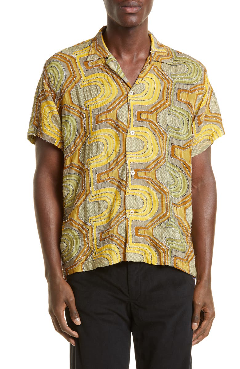 Bode Disco Tinsel Short Sleeve Button-Up Camp Shirt, Main, color, 