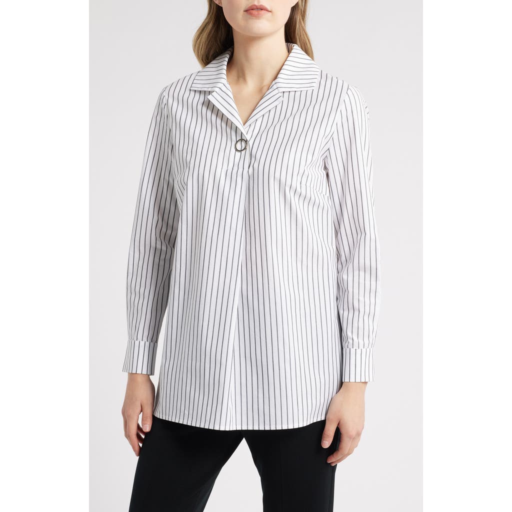 Ming Wang Stripe Cotton Popover Shirt In White