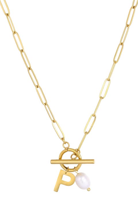 18K Gold Plated Pearl & Initial Toggle Pendant Necklace