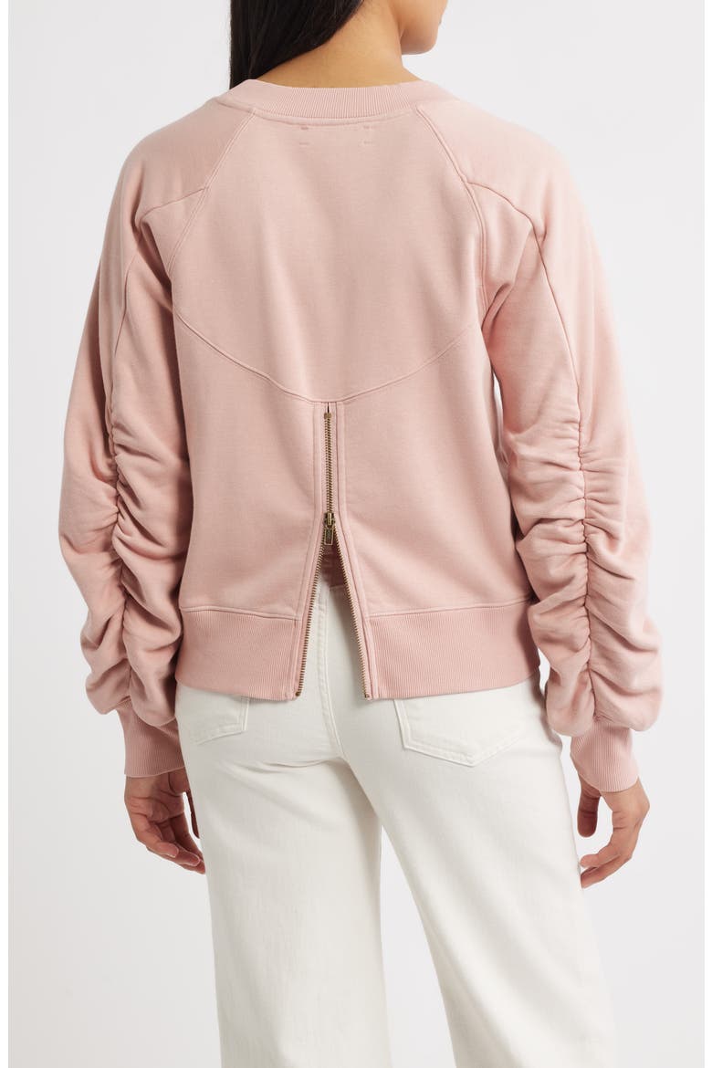 Zip Detail Ruched Sleeve Sweatshirt, Alternate, color, ROSE