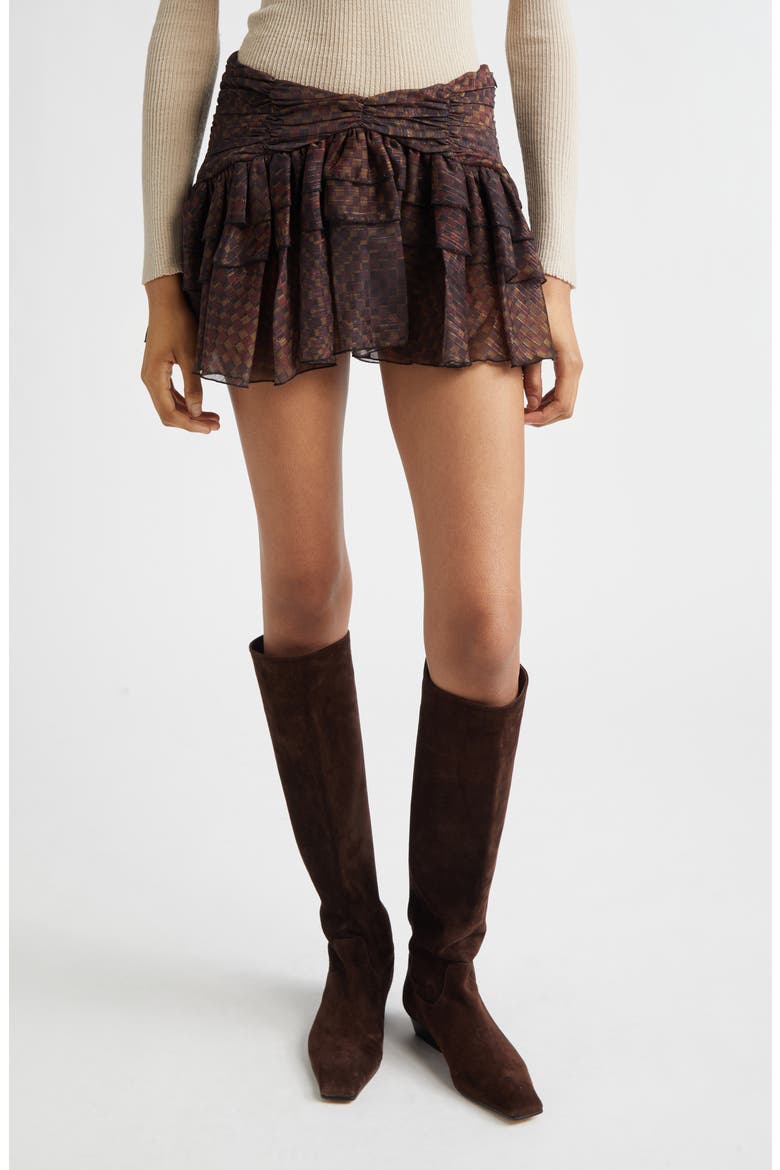 Kaia Geo Print Tiered Metallic Chiffon Miniskirt, Main, color, BROWN MULTI