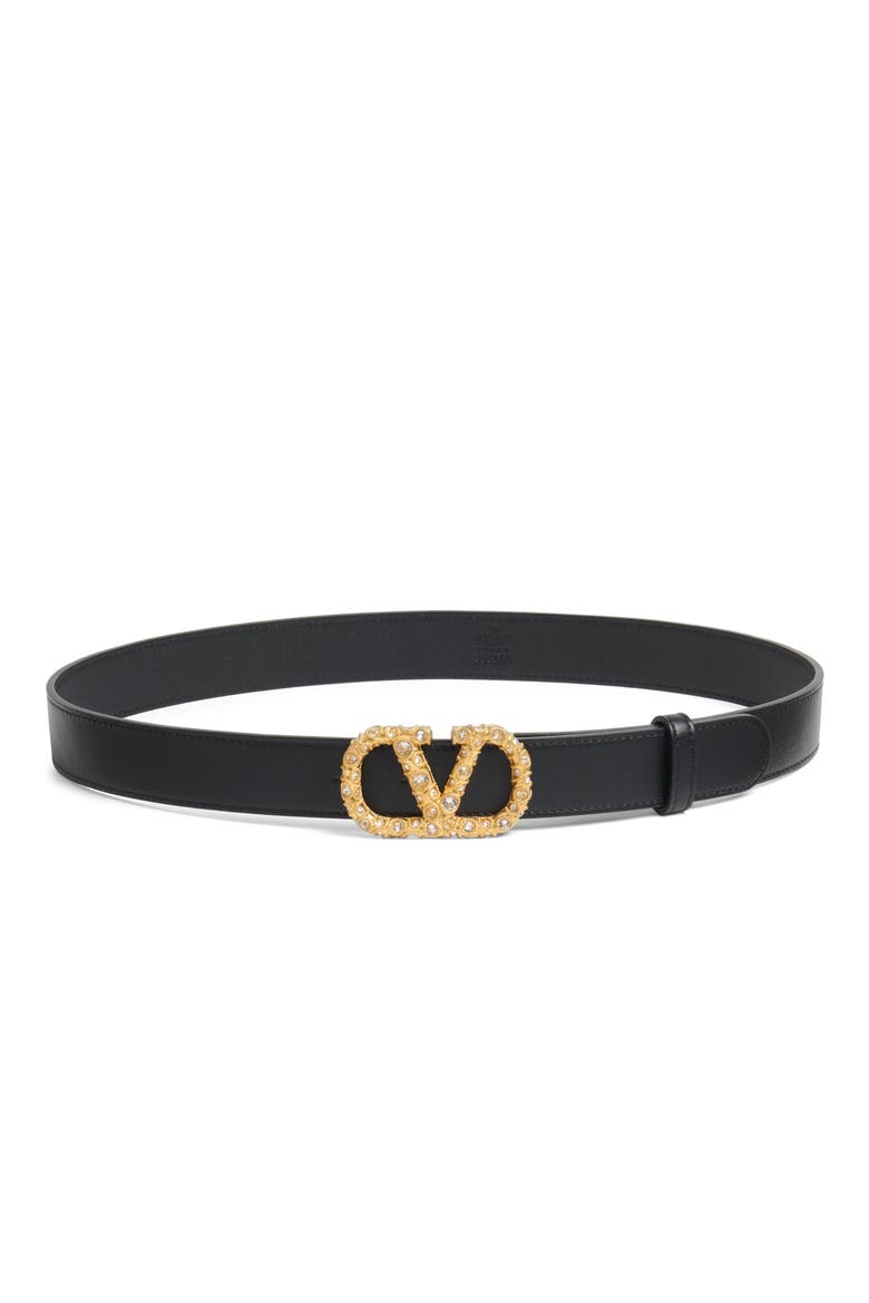 Crystal Embellished VLOGO Leather Belt, Main, color, BLACK/ CRYSTAL