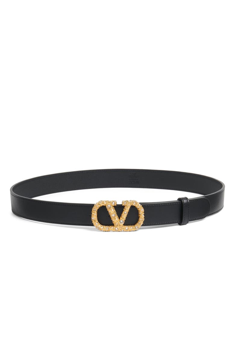 Valentino Garavani Crystal Embellished VLOGO Leather Belt, Main, color, Black/ Crystal