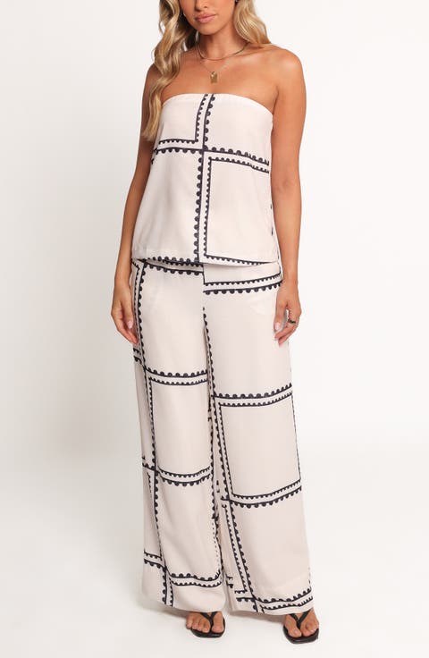 Ezra Linen Blend Strapless Top & Wide Leg Pants Set