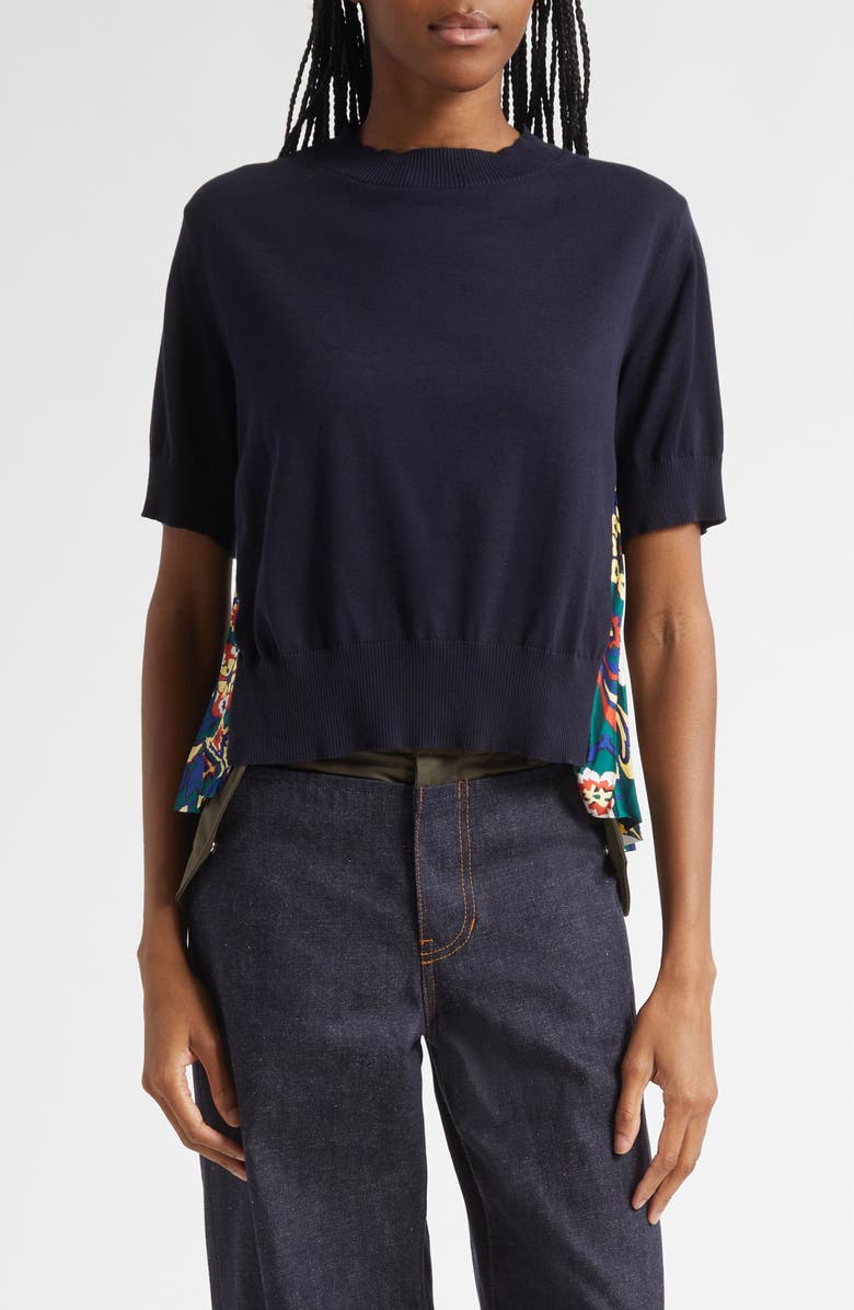 Sacai Short Sleeve Mixed Media Sweater, Main, color, Navy/ Green