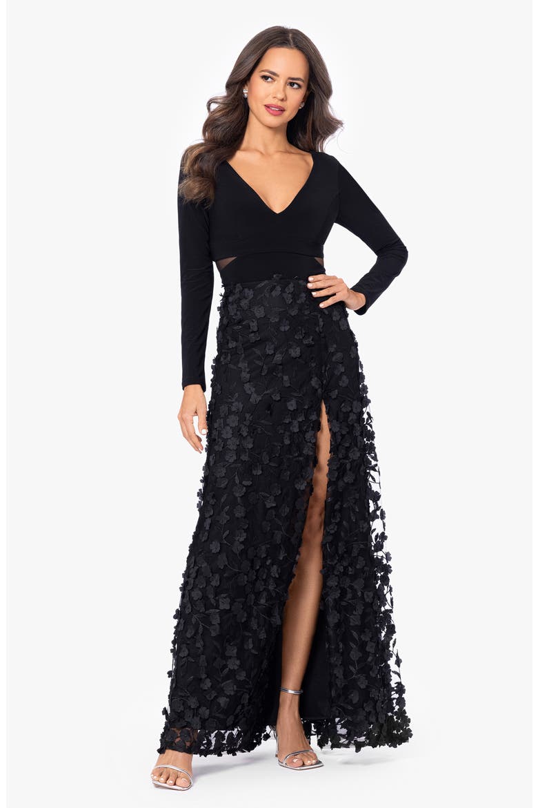 Floral Embroidered Long Sleeve Gown, Alternate, color, BLACK/ BLACK