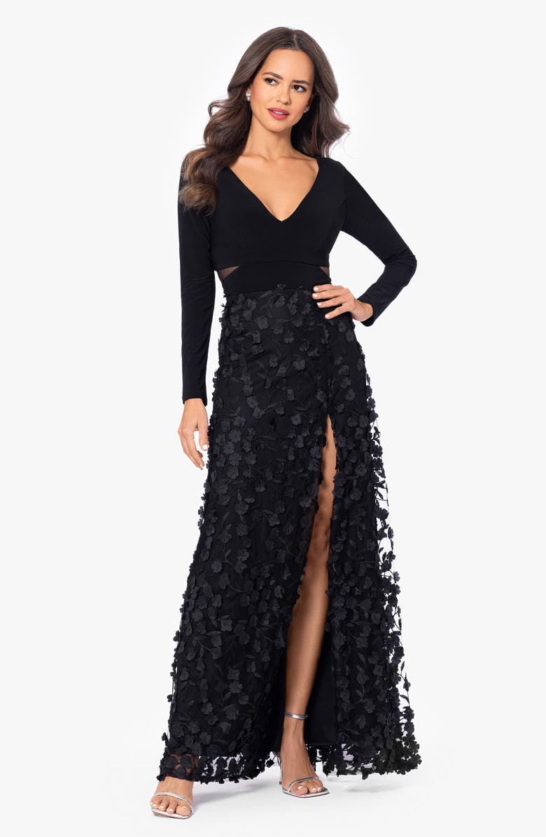 Xscape Evenings Floral Embroidered Long Sleeve Gown, Alternate, color,