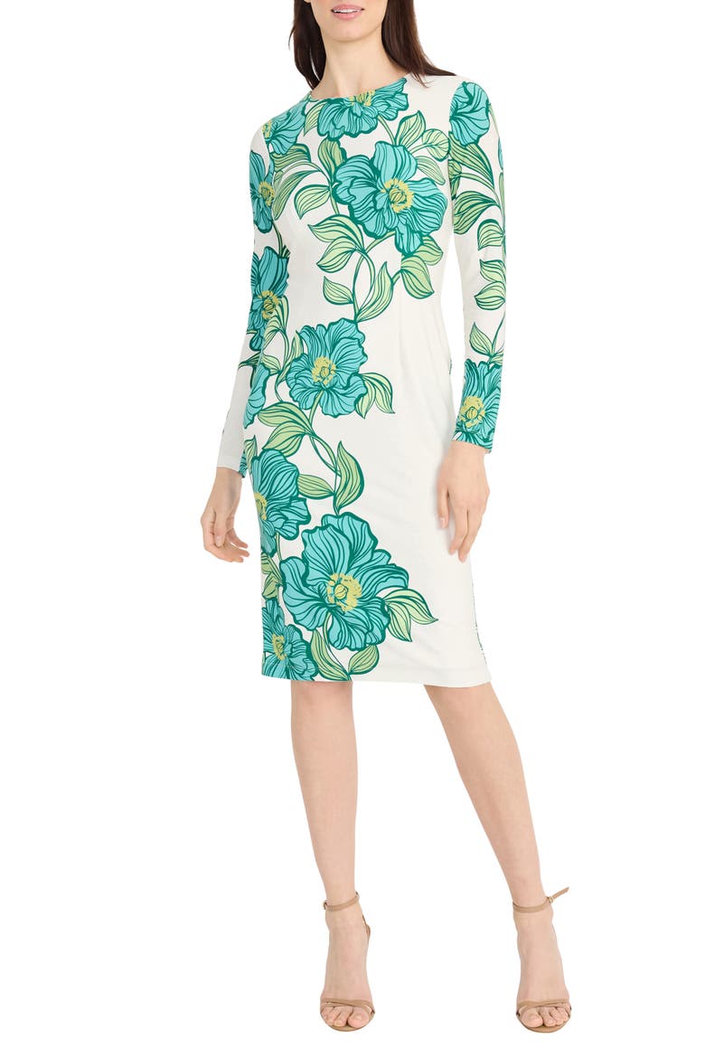 Floral Long Sleeve Knit Midi Dress, Main, color, WHITE/ GREEN