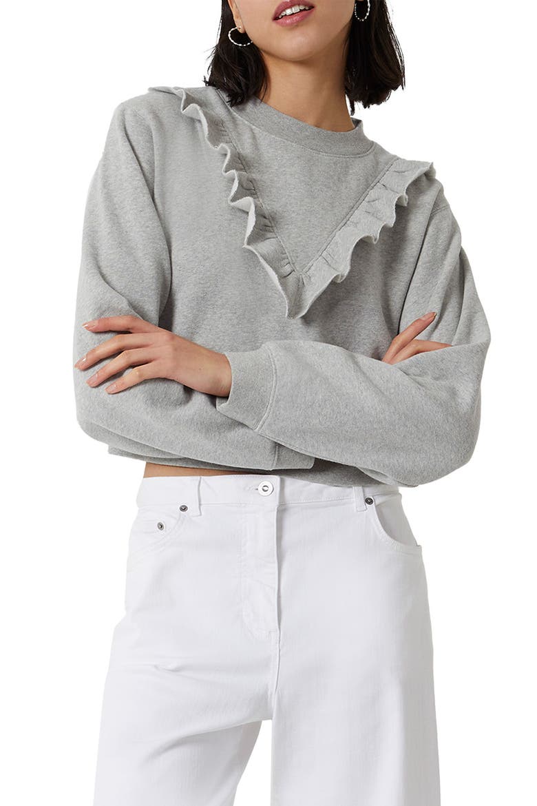 Ruffle Cotton Crop Sweatshirt, Main, color, LIGHT GREY MELANGE