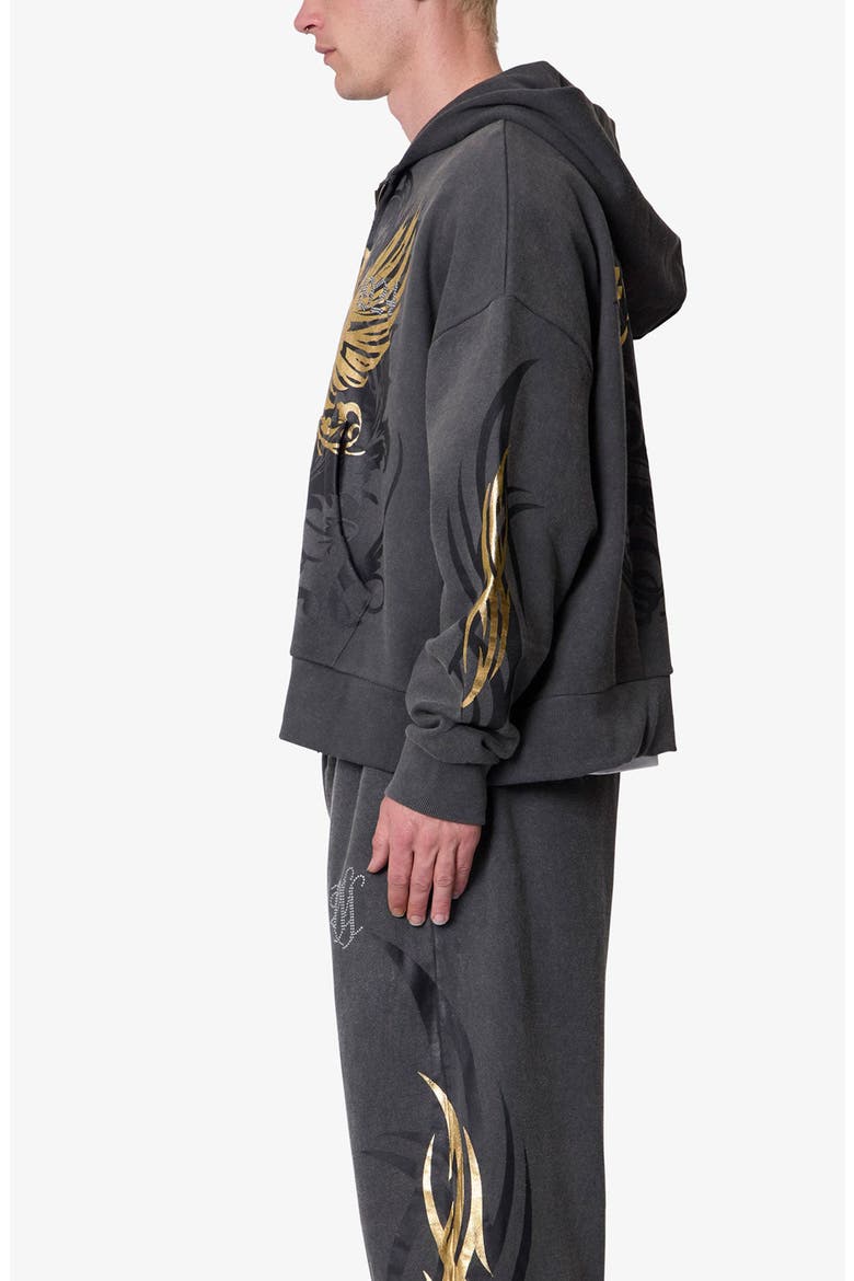 Oversize Gold Foil Cotton Zip Hoodie, Alternate, color, WASHED BLACK