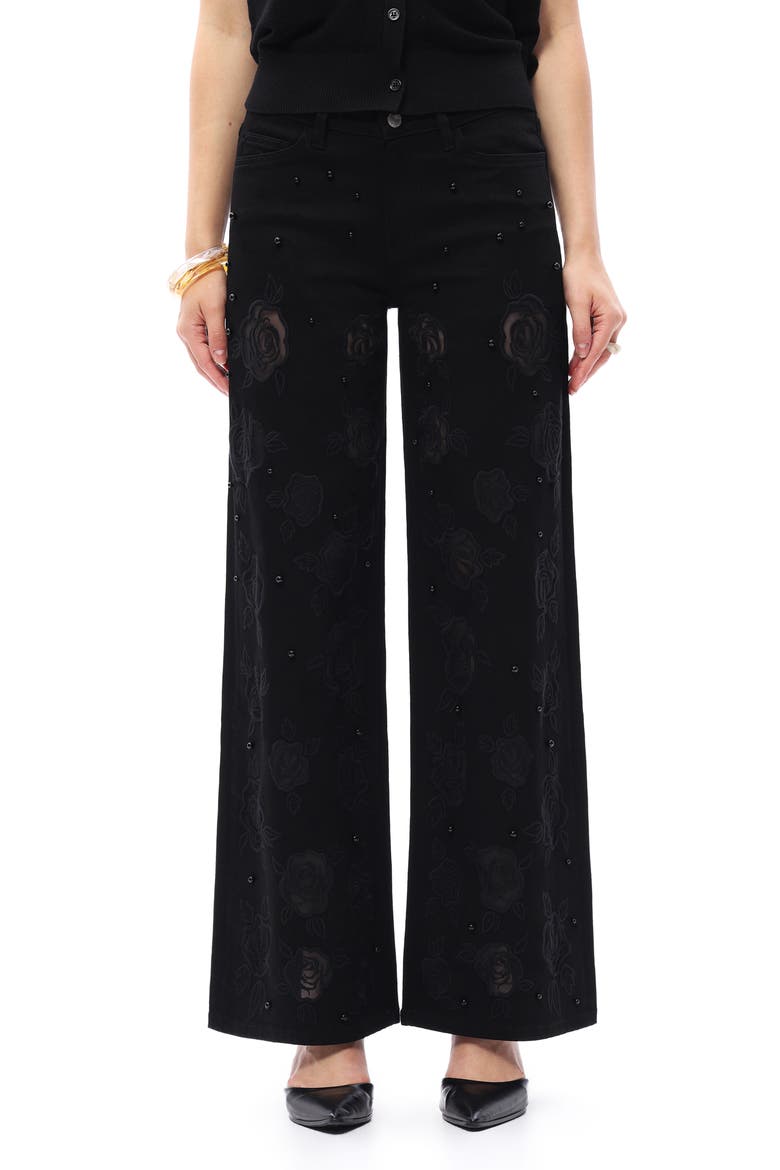 Floral Studded Mid Rise Wide Leg Jeans, Main, color, BLACK