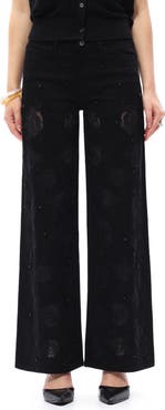 Bayeas Floral Studded Mid Rise Wide Leg Jeans