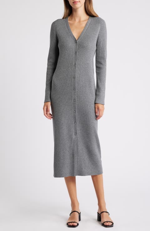 Long Sleeve Button-Up Rib Sweater Dress