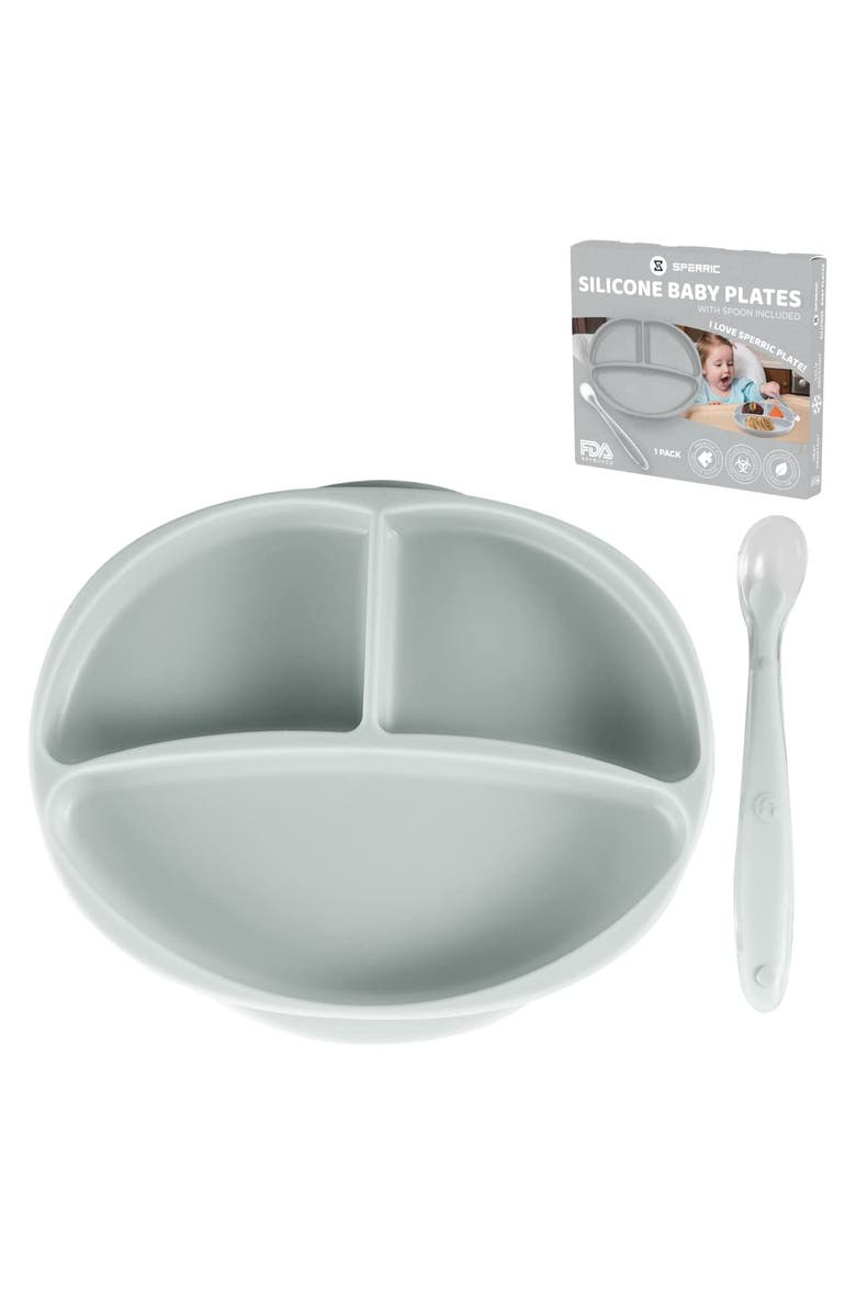 Sperric Silicone Suction Divided Plate and Spoon Toddler Training Self Feeding Set, Main, color, Gray