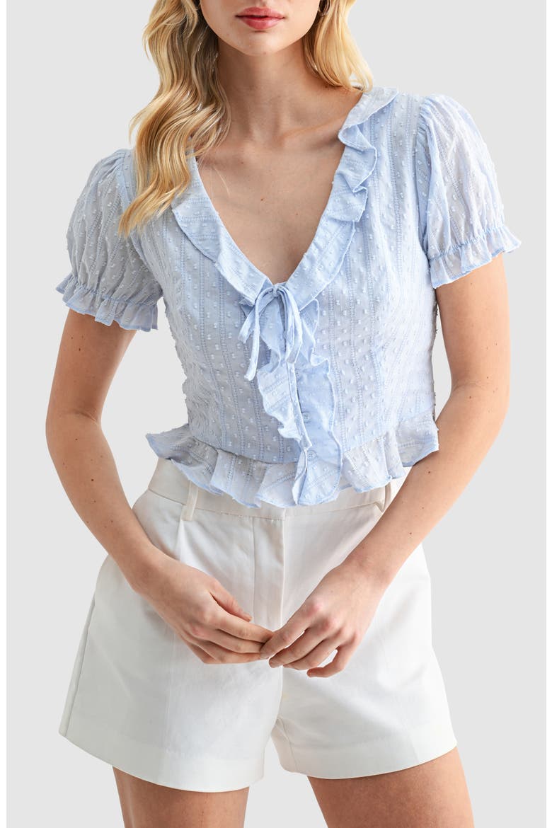 Ruffle Trim Tie Front Top, Main, color, LIGHT BLUE