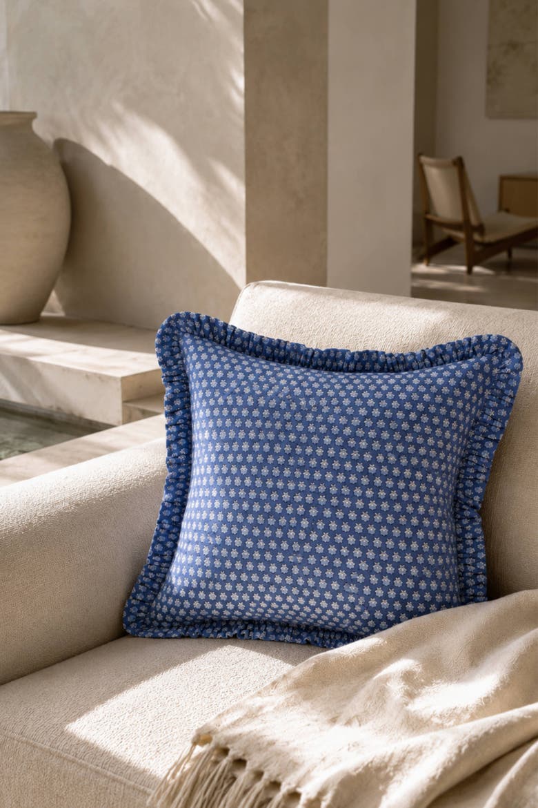 Parijat Ruffle Blockprint Pillow Cover, Alternate, color, Blue