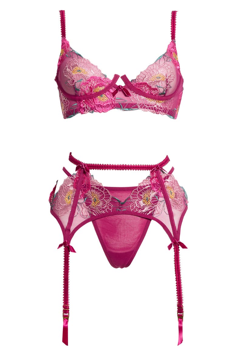 Underwire Bra, G-String & Garter Belt Set, Alternate, color, DHALIA