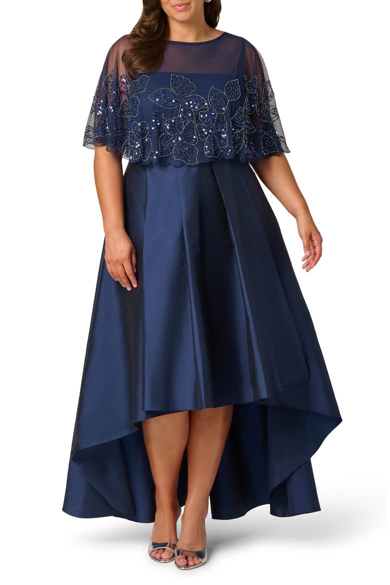 Floral Bead Cape High-Low Taffeta Gown, Main, color, LIGHT NAVY